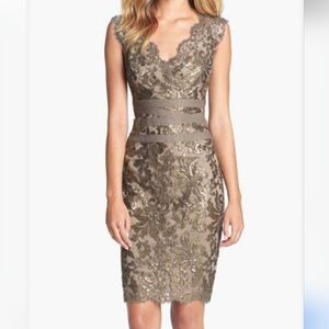 Tadashi Shoji Paillette Embroidered Lace Sequins V-neck Dress Women's 12